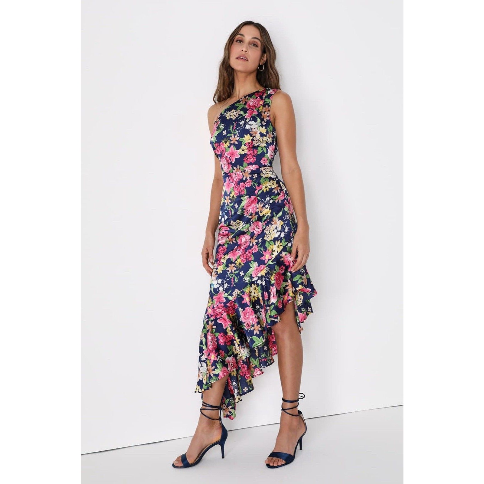Lulu's Navy Floral One-Shoulder Midi Dress With Pink & Yellow Blooms